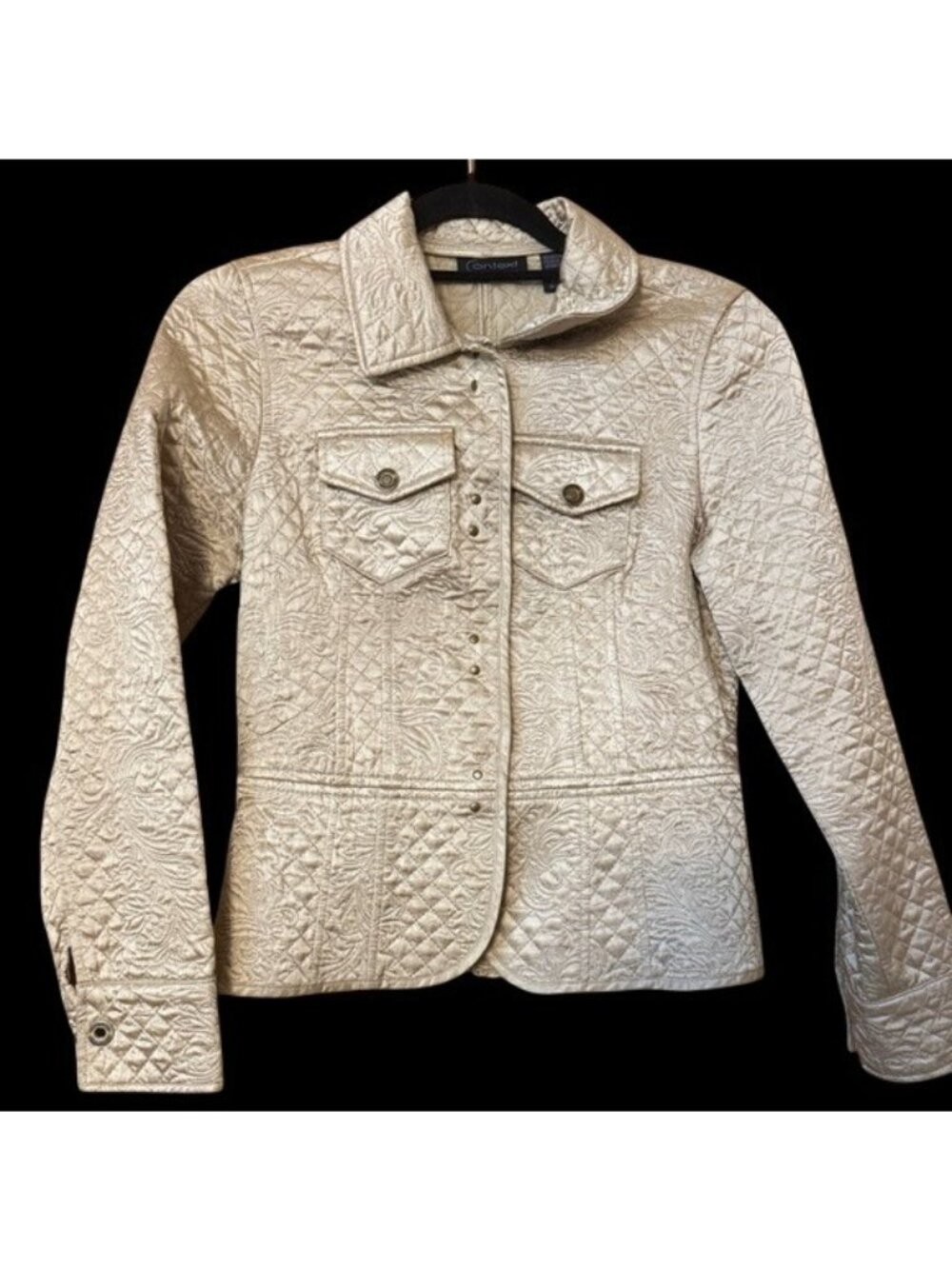Context Shimmery Quilted Gold Metallic Beige Jacket Petite PS Button Front